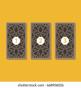 Three tarot card spread. Reverse side. Number 1, 2, 3. Vector illustration