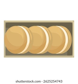 Three tasty cookies with filling are lying in a cardboard box, waiting to be eaten