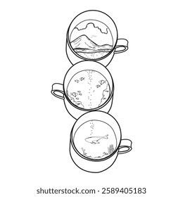 Three Teacups with Different Nature and Underwater Scenes