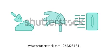 Three teal line icons depict plastering tools a trowel applying mortar, a trowel spreading plaster, and a smoothing spatula. Construction and renovation imagery.