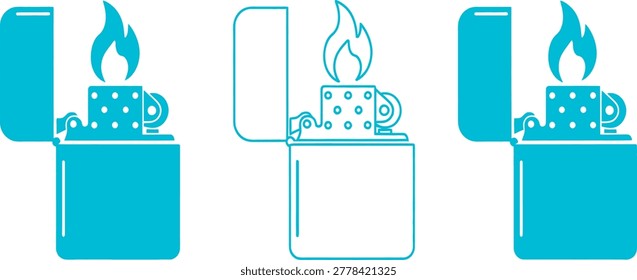 Three teal metal cigarette lighters with orange flames icon set