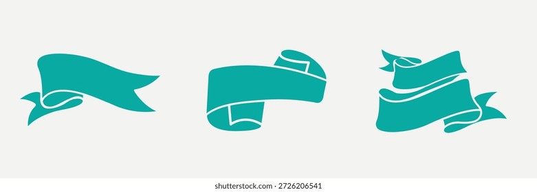 Three teal ribbons, teal banners, teal scrolls. Each ribbon, each banner, each scroll is unique. Ribbons, teal banners, scrolls on a white background. Ribbon banner vector set.