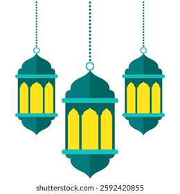Three teal and yellow lanterns hanging from chains, perfect for adding a pop of color to interior design projects.