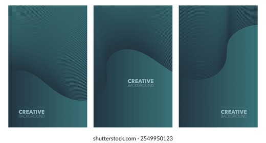 Three teal-colored panels with curved, layered shapes.