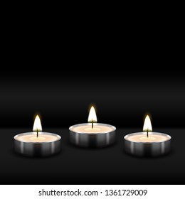 Three tealight burning realistic candles on black background. vector illustration - eps 10