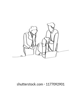 three team members working together in continuous line drawing style, thin linear vector illustration