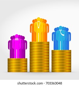Three Teams of Winners standing at the Gold Coins Winning Podium with Tie, Bow Tie and Medal. Win, Success concept. Three colors to choose from. Vector illustration. First, Second, Third place.