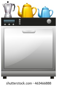 Three teapots on the dish washer illustration