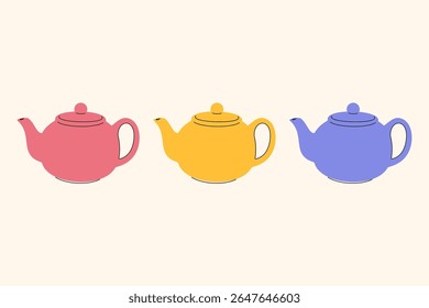 três bules de chá em rosa, amarelo, roxo