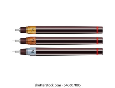 Three technical pens with three different thicknesses and colors on white background. 