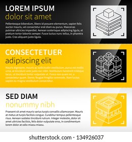 Three techno banners / backgrounds with abstract isometric icons.