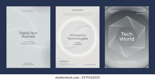 Three tech-themed posters with abstract designs. Keywords: tech, business, innovative, technology. Monochrome color scheme with geometric patterns. Advanced technology gray template vector set.