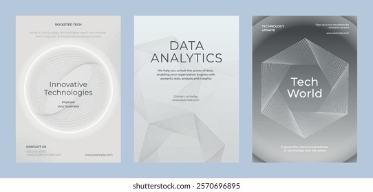 Three tech-themed posters featuring innovative technologies, data analytics, and tech world concepts. Modern design with geometric patterns and sleek fonts. Advanced technology gray template vector.