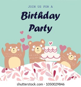 Three teddy bear and celebrated cake cartoon card