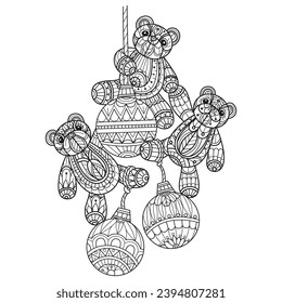Three Teddy bear and Christmas lights hand drawn for adult coloring book