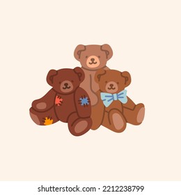 Three teddy Bears. Bear hug. Funny characters. Valentines day, love, romance, toy, gift concept. Cartoon style. Hand drawn colorful Vector illustration. Greeting card, print, design template