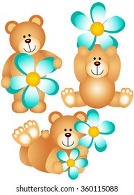 Three teddy bears with blue flower