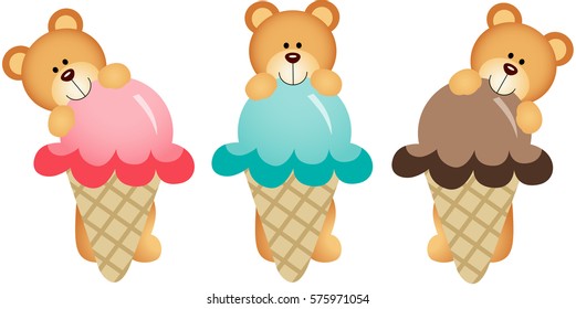 Three teddy bears eating ice cream