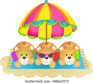Three teddy bears soaking up the sun eating ice cream
