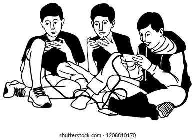 The three teenage boys are playing mobile games. Concept Bonding