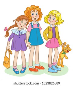 Three teenage girls stand together. In cartoon style. Isolated on white background