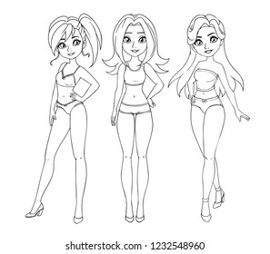 Three teenage girls in underwear. Contour picture for coloring book or paper doll. Hand drawn vector illustration.  