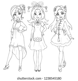 Tres adolescentes vistiendo trajes tradicionales chinos. Imagen para colorear libro o muñeca de papel. Ilustración vectorial dibujada a mano. Año nuevo lunar.   