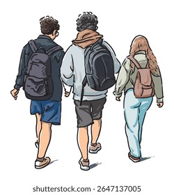 Três adolescentes amigos estudantes com mochilas andando ao ar livre juntos, desenho à mão livre, ilustração vetor realista isolado no branco