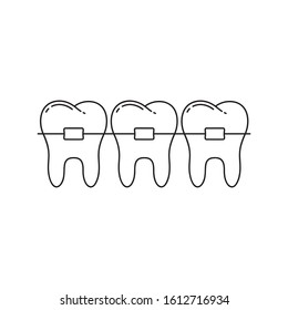 Three teeth with braces icon. Line art template for dentistry logo. Black and white illustration. Contour hand drawn isolated vector image on white background