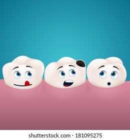 Three teeth look at the hole in one of them. On blue background