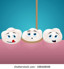 Three teeth, one is being extracted using rope on blue background