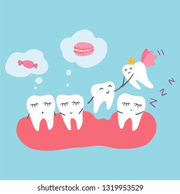 Three teeth sleep in the gums and dream of different sweets, and after another the magic tooth flew in and pulls it out