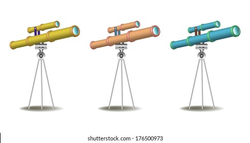 Three telescopes colored in various ways isolated on a white background