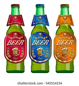 Three template beer labels and neck labels on glass bottles with caps. Vector illustration.