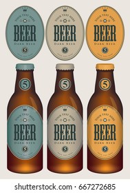 Three template beer labels and neck labels on glass bottles with caps. Vector illustration in retro style.