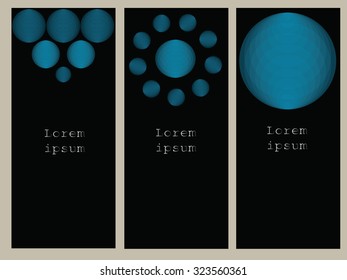 Three template for text, cards, banners with blue spheres bulk on a black background