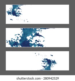 Three templates. Ink splash, blue. Vector illustration