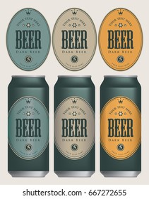 Three templates labels for dark beer on beer cans. Vector illustration in retro style.