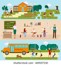 Three templates with school scene. Schoolyard and stadium. Students and teachers in the classroom. Teens and kids with parents by way to schoolbus. Vector illustration eps10