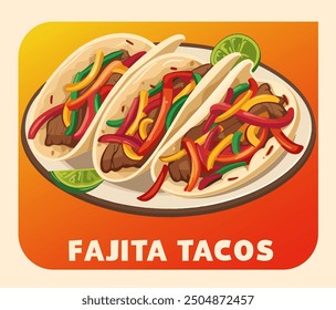 Tres tentadores tacos de fajita de concha suave que descansan sobre un ícono de Vector de placa blanca redonda. Cada taco está lleno de carne molida salada y pimientos picados frescos ilustración de dibujos animados. Una salsa roja vibrante 