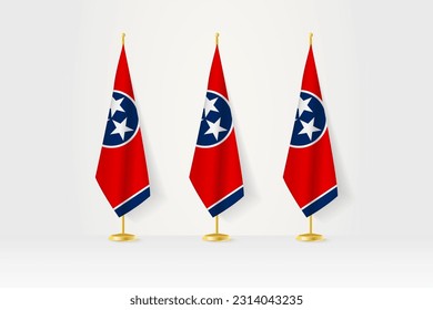 Tres banderas de Tennessee seguidas en un puesto dorado, ilustración de la conferencia de prensa y otras reuniones. Ilustración vectorial.