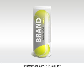 Three tennis balls in branded glossy transparent plastic tube 3d realistic vector. Professional sports equipment shop or store product mockup template, racket sport and fitness inventory illustration