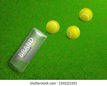 Three tennis balls and branded plastic case lying on court lawn green grass 3d realistic vector illustration. Racket sport goods, game equipment shop or store product mockup, advertisement background