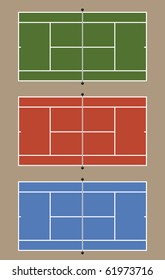 Three Tennis Courts - View From Above. Top Court: Grass - Middle Court: Clay - Bottom Court: Asphalt