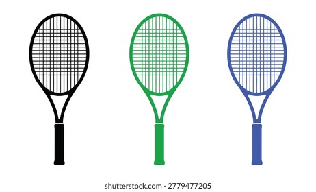 Three tennis rackets in different colors with tennis racket flat design center line yellow ball white ball