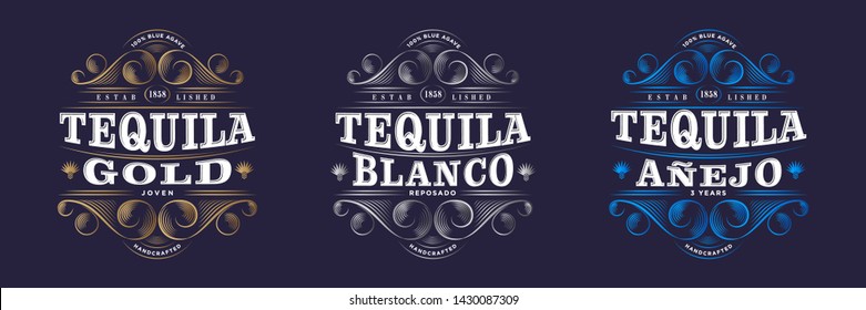 Three Tequila Labels. Tequila Premium Packaging Design. Lettering Composition and Curlicues Decorative Elements. Baroque Style.