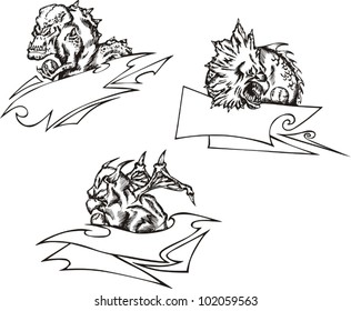 Three terrible monster mascot templates with ribbons and balls related to baseball. Vinyl-ready vector illustrations, black and white sketches.
