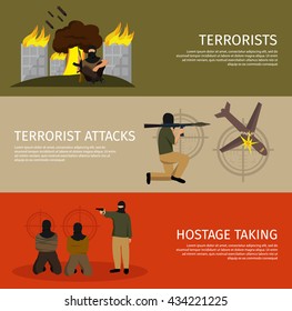 Three terrorism flat banner set with buttons and descriptions of terrorist attacks hostage taking vector illustration