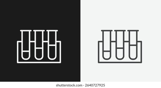  Three Test Tubes in a Rack on Black and White Backgrounds, Representing Laboratory, Research, or Chemistry, White Outline Icon