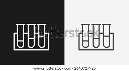  Three Test Tubes in a Rack on Black and White Backgrounds, Representing Laboratory, Research, or Chemistry, White Outline Icon